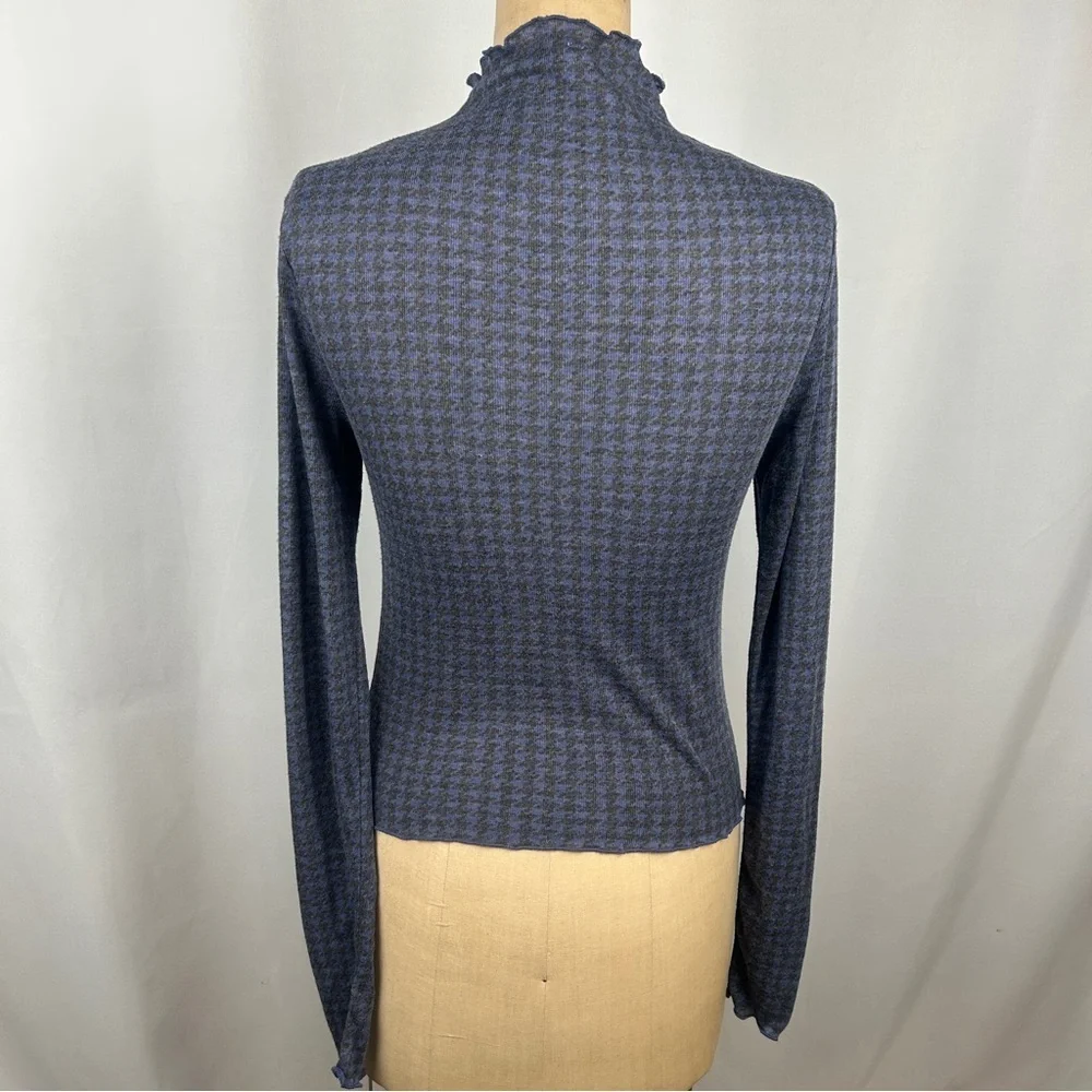 Free People Little Crush Ruched Long Sleeve Houndstooth Print Tee Blue Black Med